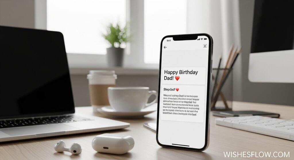 Smartphone screen showing heartfelt birthday text message for stepdad