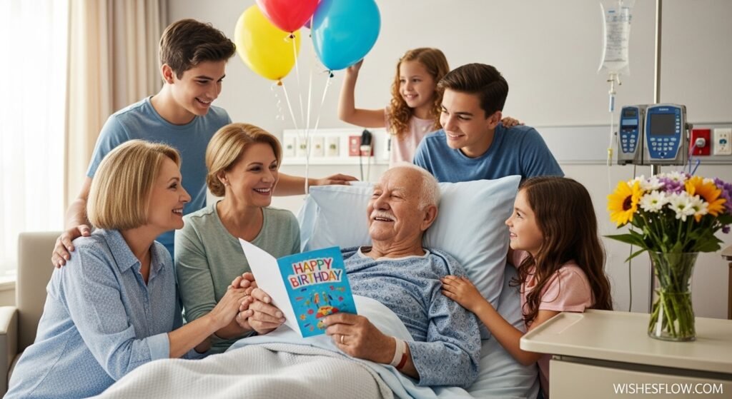 Grandfather in hospital receiving birthday wishes from family