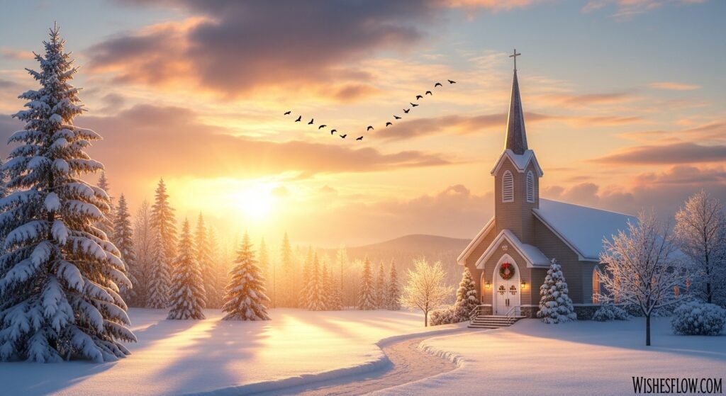 Sunrise over snowy church with cross steeple and Christmas wreath on door