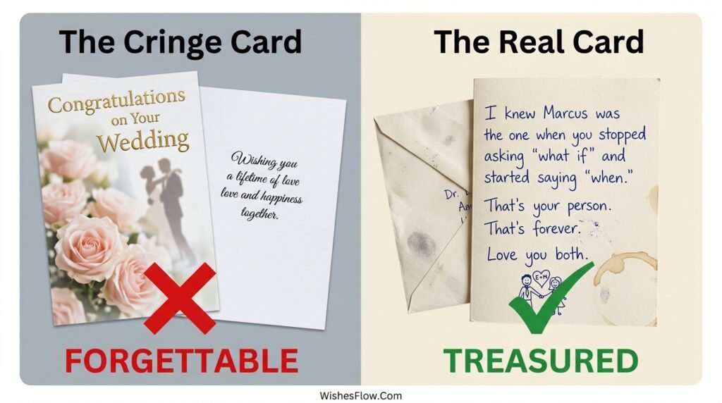 Two wedding cards side by side showing generic hallmark message versus authentic personal message showing stark contrast in emotional impact