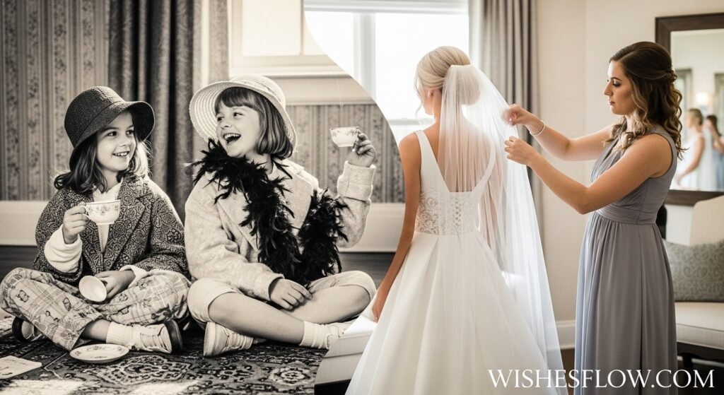 Comparison of sisters as children and sisters at a wedding