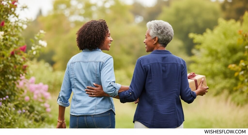 Two sisters walking together and exchanging a birthday gift