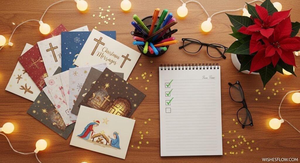 Organized desk with religious Christmas cards, pens, and checklist for writing messages