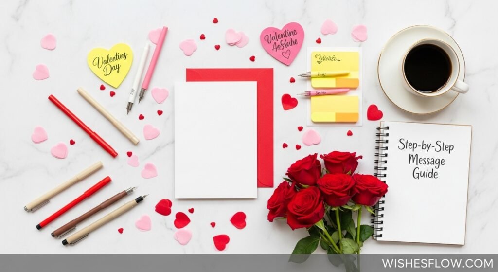 Valentine's Day card writing supplies and tools for crafting romantic messages