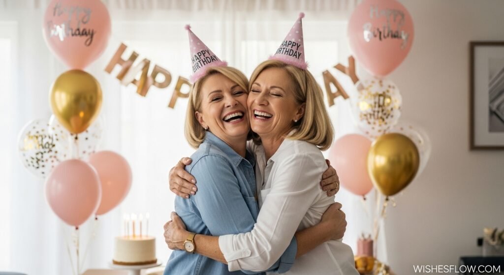 Happy stepmom hugging stepchild during birthday celebration at home