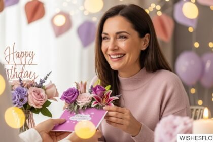 Stepmom reading emotional birthday card with flowers and smile