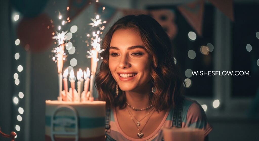 Teenage girl blowing out candles on a birthday cake