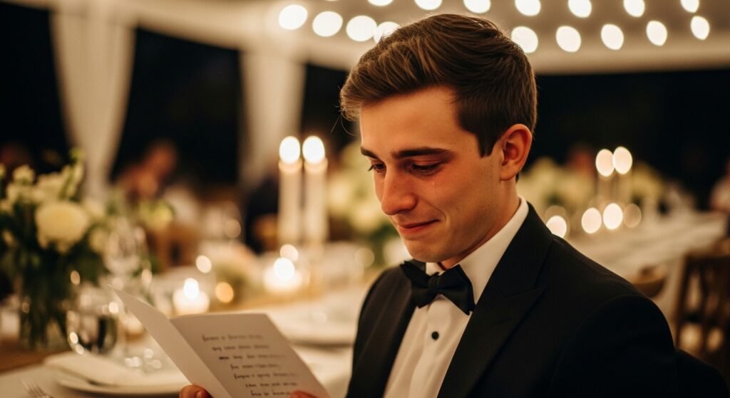 Young groom reading a heartfelt wedding card from family with emotional expression under string lights