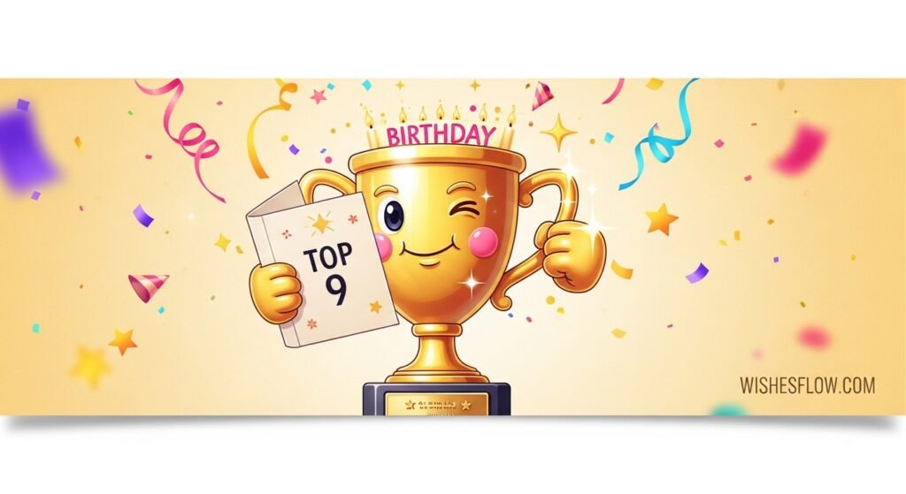 Golden trophy holding birthday card with Top 9 text - Best hilarious birthday wishes collection
