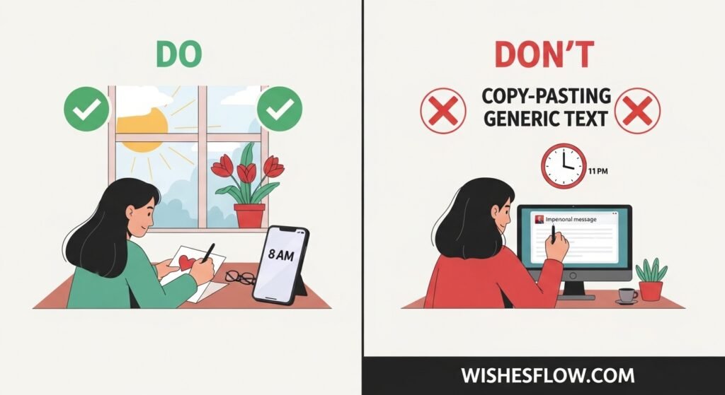 Side-by-side comparison showing correct and incorrect ways to send Valentine's wishes to friends