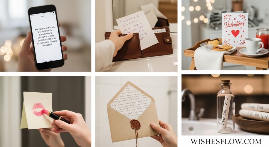 Various creative Valentine's message delivery ideas including cards, texts, and surprise notes