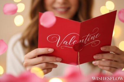 Woman holding romantic Valentine's Day card with rose petals and warm lighting