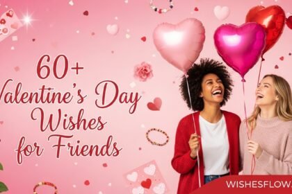 Two friends celebrating Valentine's Day with heart balloons and friendship wishes