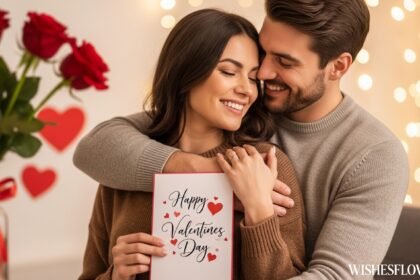 Romantic couple celebrating Valentine's Day with heartfelt wishes and card