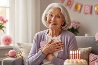 Happy grandmother holding birthday card with joyful smile surrounded by birthday decorations