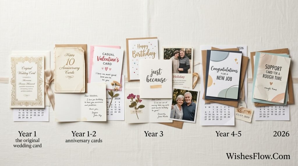 Arranged timeline of wedding cards, anniversary cards, and saved messages showing progression from wedding day through 5 years of marriage celebrations