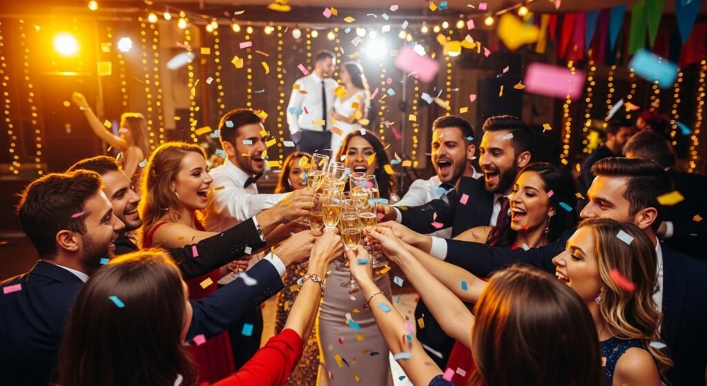 Friends raising champagne glasses for a funny wedding toast