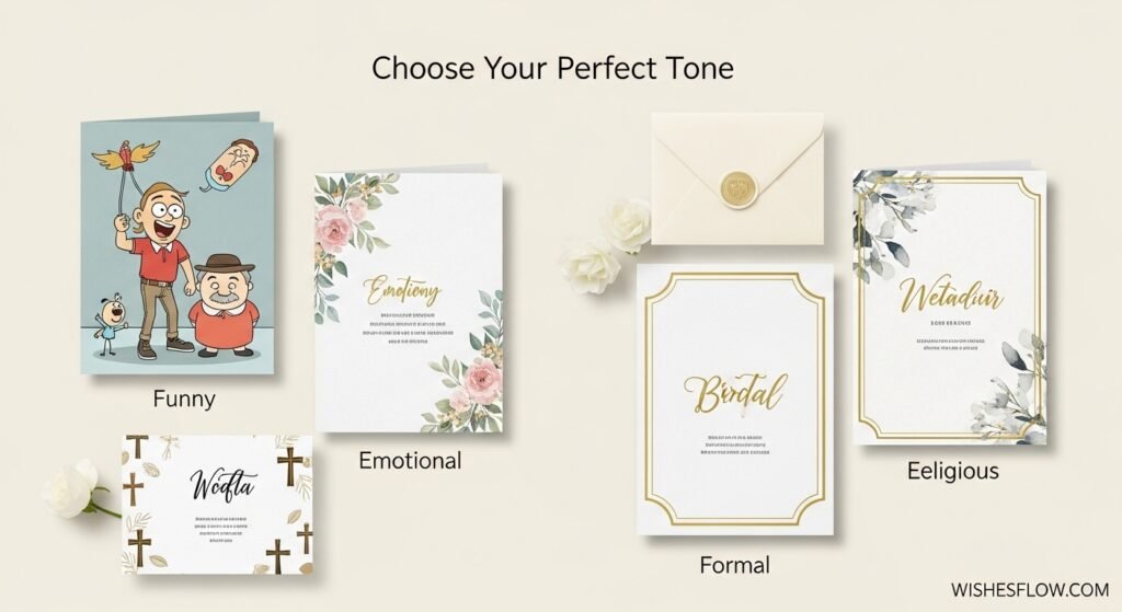 Four wedding cards showing funny, emotional, formal, and religious tones