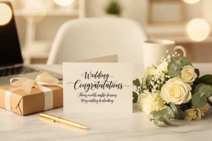 A beautifully written wedding congratulations card on an office desk with white roses and a gold pen representing wedding wishes for boss