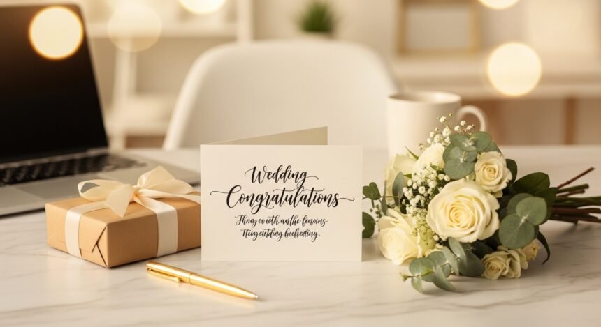 A beautifully written wedding congratulations card on an office desk with white roses and a gold pen representing wedding wishes for boss