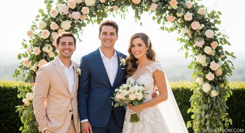 Sibling posing with brother and new sister-in-law at wedding