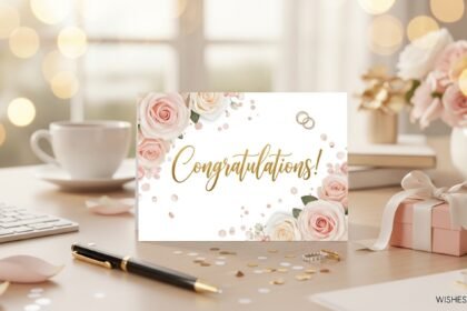 A beautifully designed wedding congratulations card placed on a modern office desk with roses, confetti, and a gift box — Wedding Wishes for Coworker by WishesFlow.com