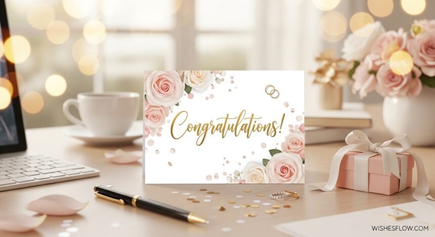 A beautifully designed wedding congratulations card placed on a modern office desk with roses, confetti, and a gift box — Wedding Wishes for Coworker by WishesFlow.com