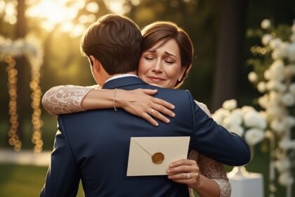 Uncle hugging nephew at wedding while holding a heartfelt wedding card with golden sunlight in the background
