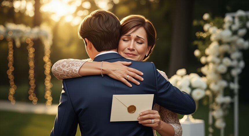Uncle hugging nephew at wedding while holding a heartfelt wedding card with golden sunlight in the background