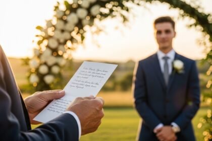 A father holding a handwritten wedding card for his son near a beautiful wedding arch with golden sunlight