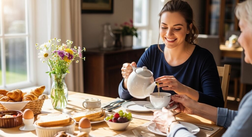 Daughter-in-law feeling accepted and happy during a family family brunch.