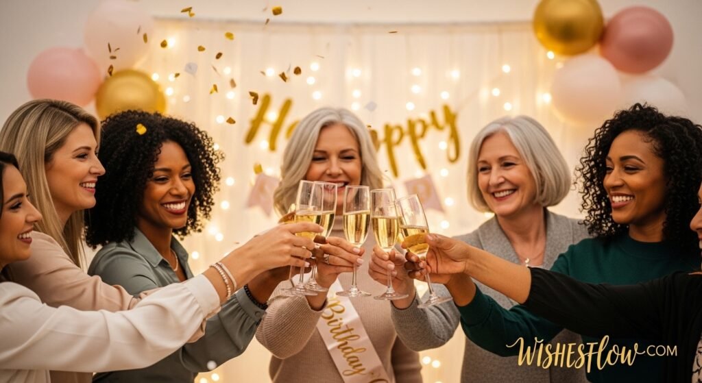 Diverse group of women raising glasses in birthday toast celebrating with joy and laughter