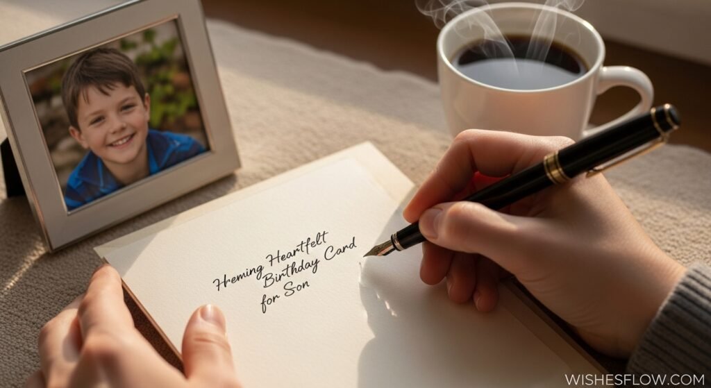 Mother writing heartfelt blessing birthday wishes for son in a card