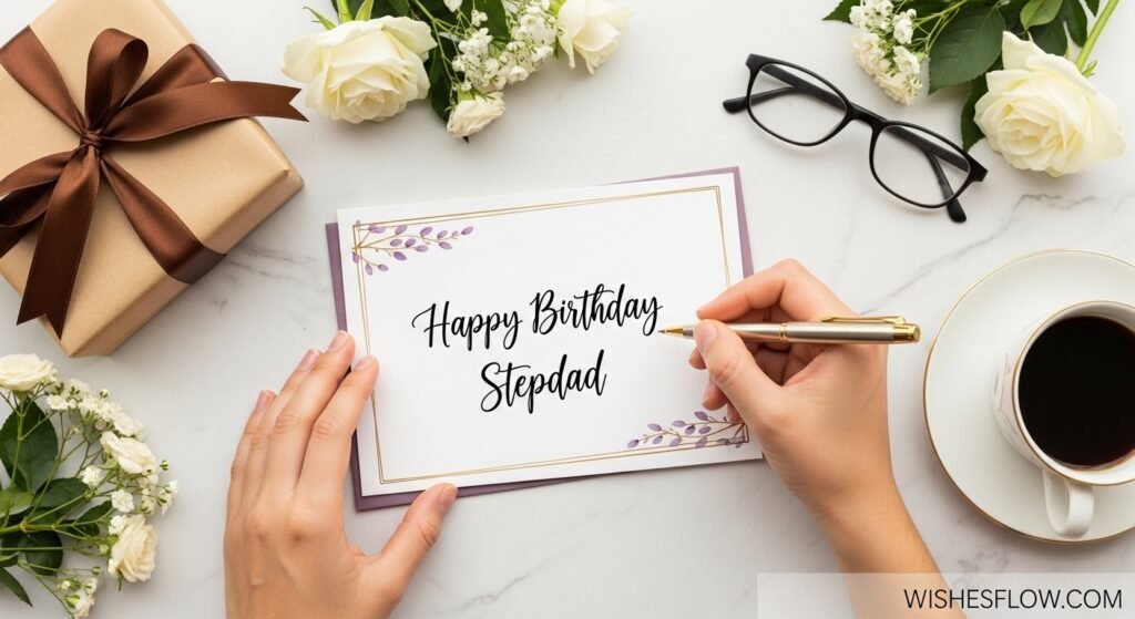 Hand writing personalized birthday wishes in elegant card for stepdad