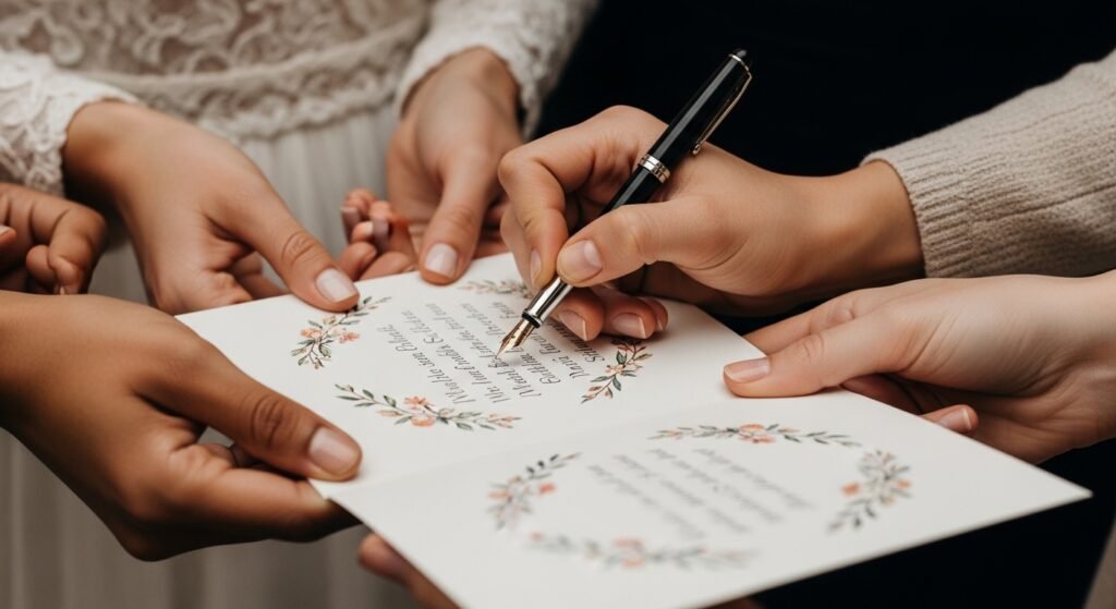Person writing emotional wedding wishes in greeting card with pen