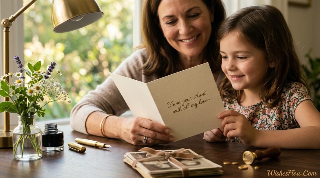 Aunt writing a heartfelt personalized birthday card for her niece with love and care
