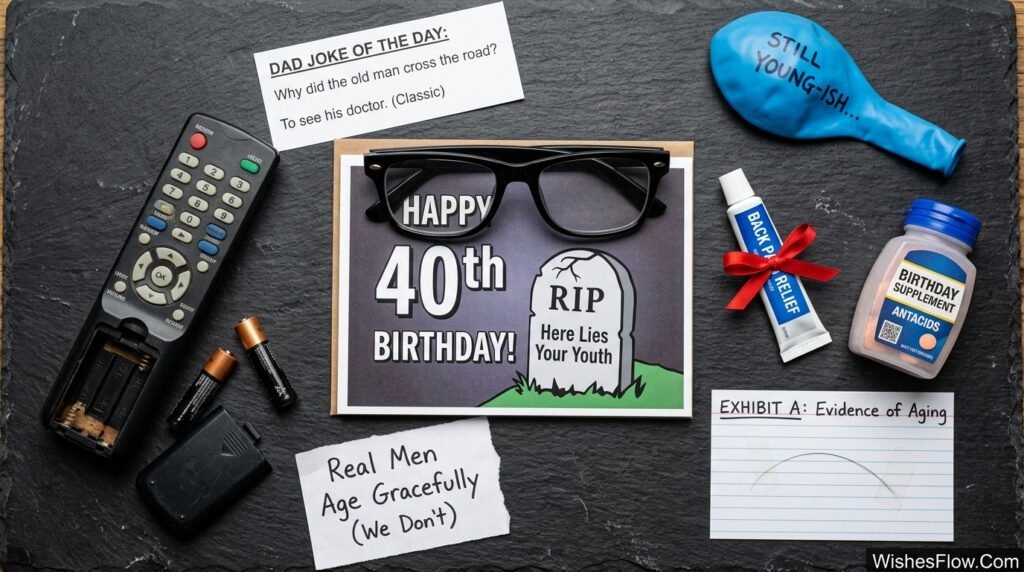 Funny birthday wishes for men hitting milestone age with humorous celebration setup