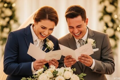 Bride and Groom laughing hysterically at a funny wedding card wish