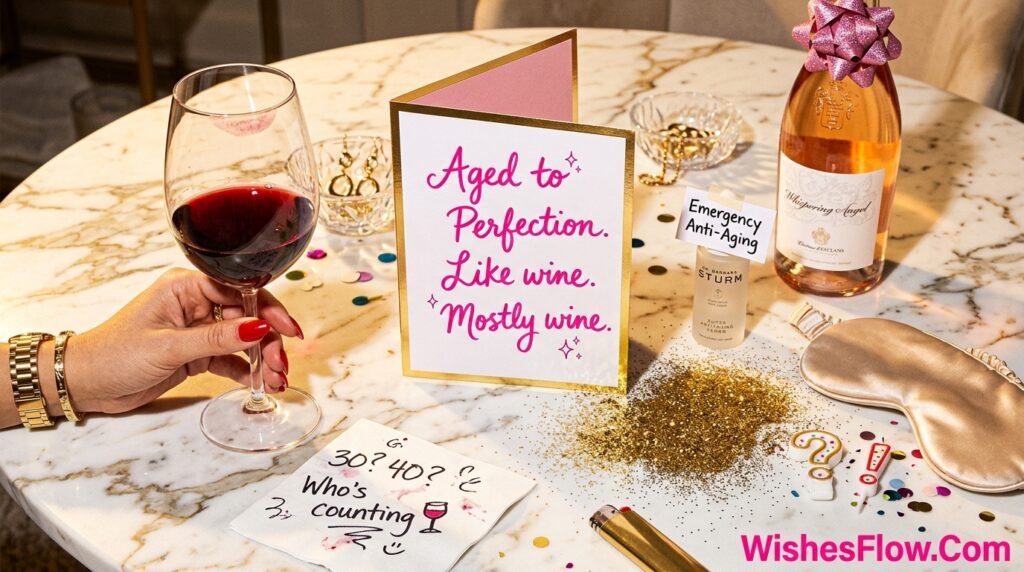 Funny birthday wishes for women with wine and sarcastic humor for milestone celebration