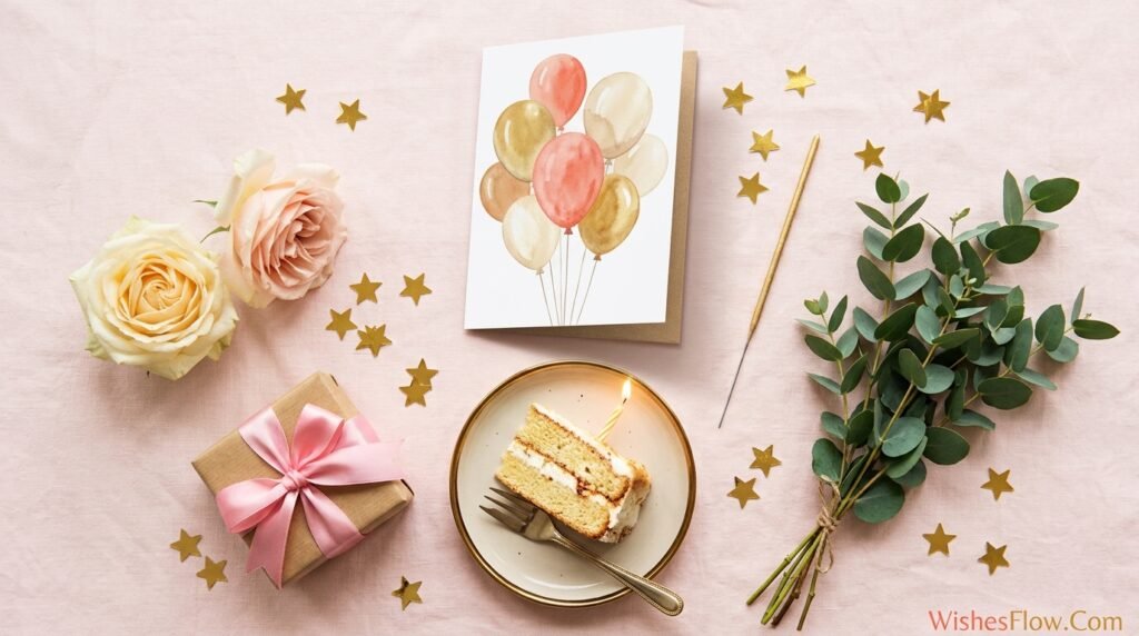 Classic happy birthday card for niece with festive decorations and warm celebration setup