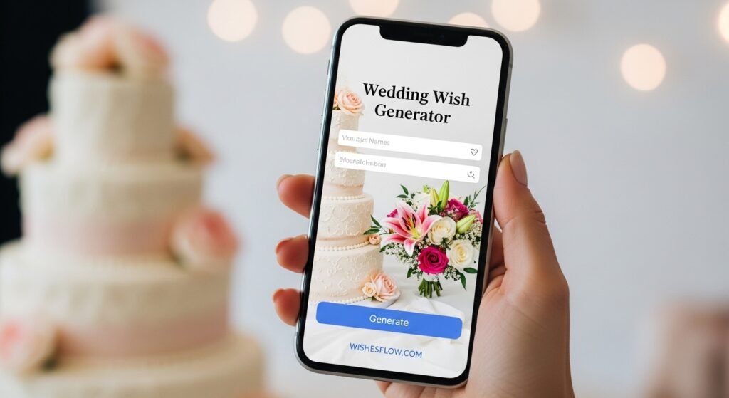 Smartphone displaying a wedding wishes generator tool