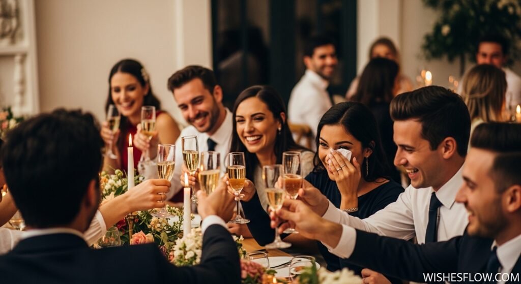 Group of wedding guests laughing at a funny toast or speech
