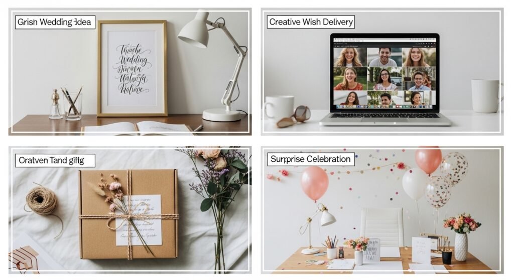 Four creative delivery ideas for wedding wishes including framed quotes video messages gift pairing and desk decorations