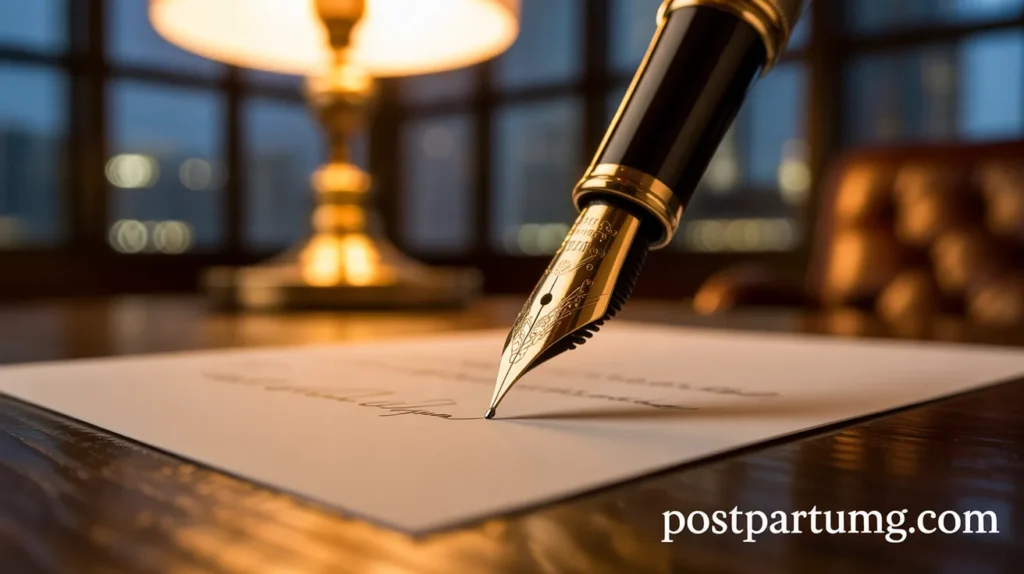A gold fountain pen signing a premium ivory wedding card on a mahogany desk.