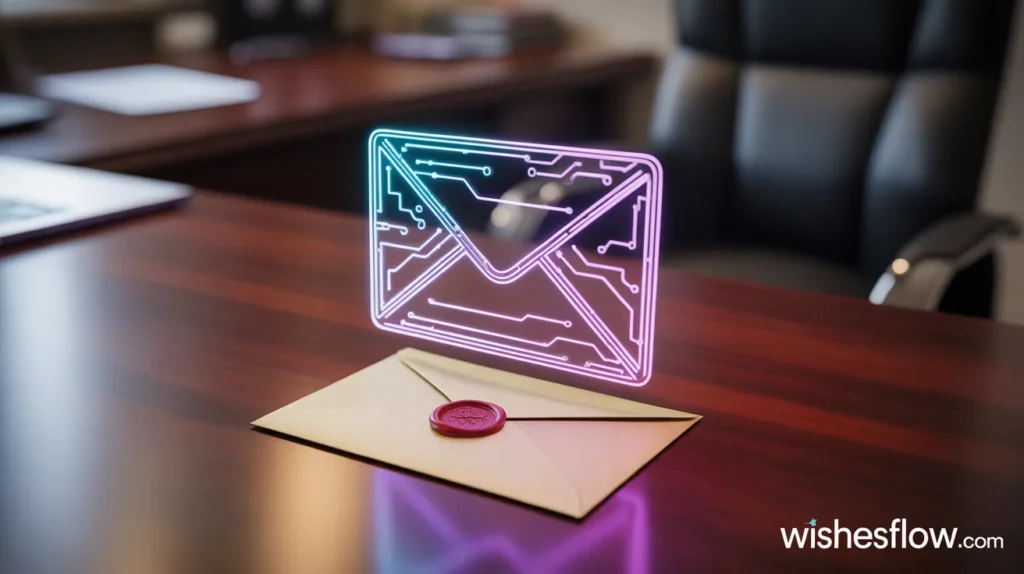 A glowing digital envelope hovering above a traditional wax-sealed paper envelope on an office desk.