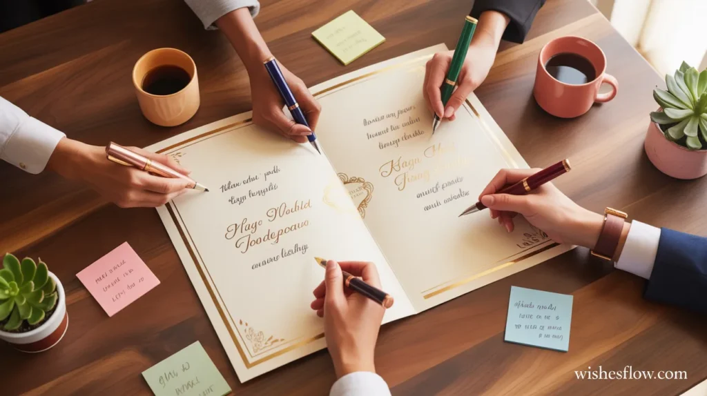Diverse hands holding different pens, signing a large oversized wedding card on a wooden boardroom table.