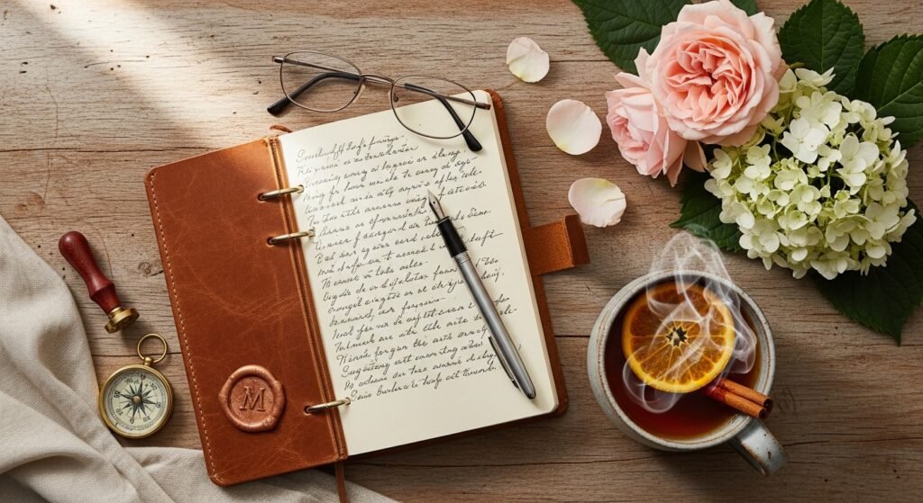 Peaceful writing space with journal and pen for crafting heartfelt Eid messages