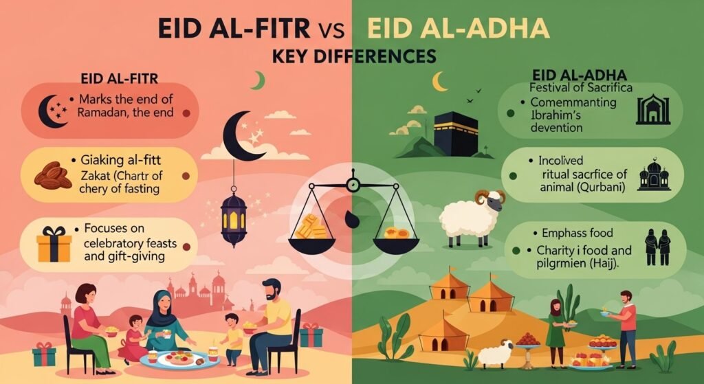 Infographic comparing spiritual significance of Eid Al-Fitr and Eid Al-Adha celebrations