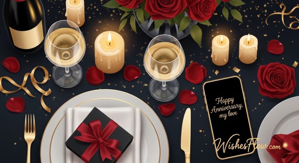 Elegant anniversary dinner table with champagne and love message for husband