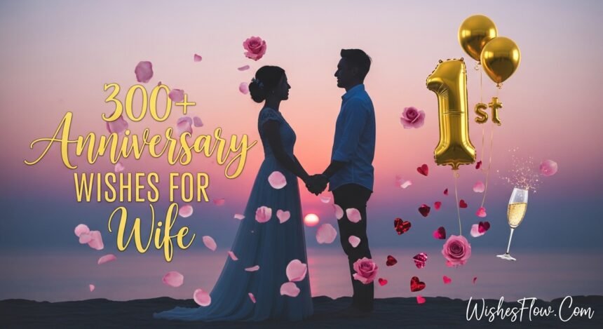 Beautiful romantic couple celebrating anniversary with heartfelt wishes for wife